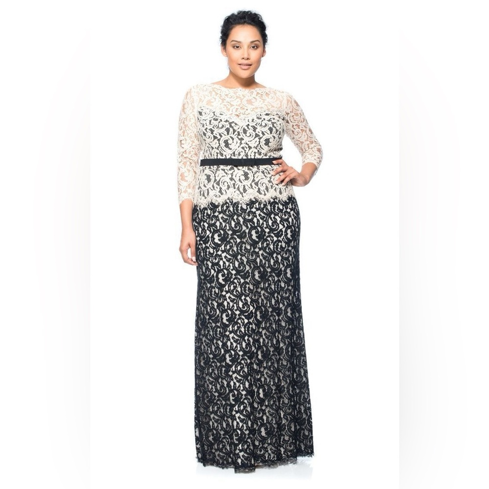 Tadashi Shoji Navy White Boatneck 3/4 Sleeve Lace Belted Black tie Gown 14 - Picture 3 of 13
